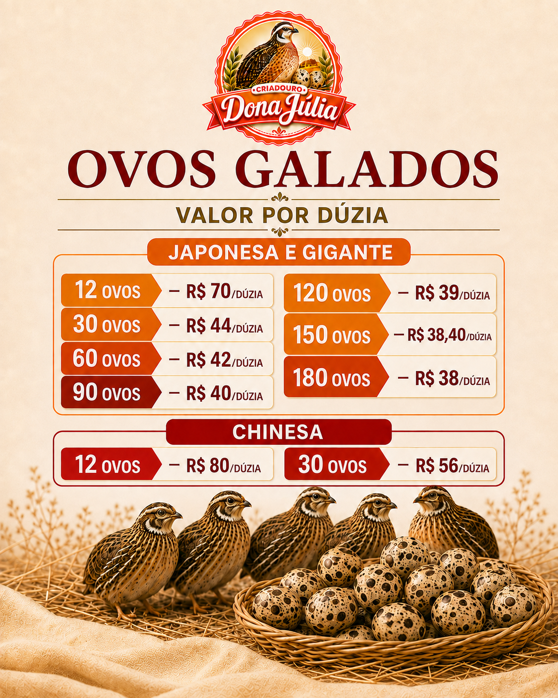 Tabela de preços dos ovos galados de codorna por dúzia — Criadouro Dona Júlia